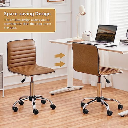 Topeakmart Ribbed PU Leather Armless Desk Chair, Swivel Chair, Retro Brown | Cushioned ribbed PU leather low-back seat slides neatly under desks. Seat height adjusts 18.3–24.2 in, quick assembly for use - color: Retro Brown