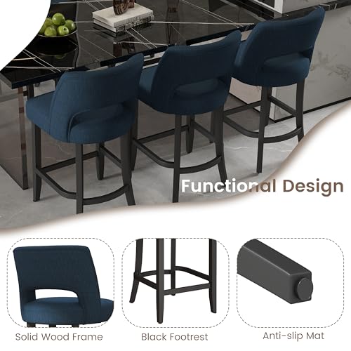 VKNOW Bar Stools Set of 2, 26" Upholstered Counter Height Bar Stools | Modern Counter Stools with Black Rubberwood Legs for Kitchen Island Dining Room Bar, Blue-Black Legs - color: Blue-black Legs, size: Set of 2