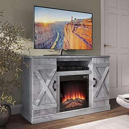 BELLEZE Industrial 47 Inch Rustic TV Stand with 18 Inch Electric Fireplace & Media Entertainment Center Console Table for TV up to 50 Inch with Open Storage Shelves & Cabinets - Light Gray - color: Light Gray, style: 47" TV Stand/W 18" Fireplace