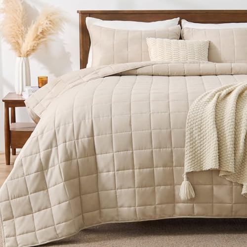 EMME Quilts Queen Size Bedding Sets, Beige Bedspread Soft Lightweight Pre-Washed Bed Set, 3 Piece Cozy Reversible Microfiber Bed Coverlet with Pillow Sham(Square Pattern,90"x90") - color: 03-beige (Squares Pattern), size: Full/Queen(90" x 90")