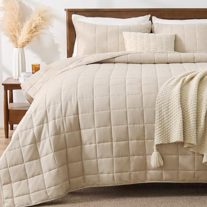 EMME Quilts Queen Size Bedding Sets, Beige Bedspread Soft Lightweight Pre-Washed Bed Set, 3 Piece Cozy Reversible Microfiber Bed Coverlet with Pillow Sham(Square Pattern,90"x90") - color: 03-beige (Squares Pattern), size: Full/Queen(90" x 90")
