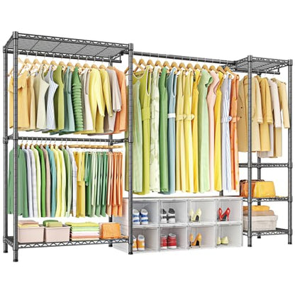 E10 Clothes Rack（With Stretchable Hanger Rod）Freestanding Clothing Racks for Hanging Clothes，Adjustable Closet Organizer System，Portable Garment Rack 73-97" W x 15" D x 72" H，Max Load 800LBS，Grey - color: Grey