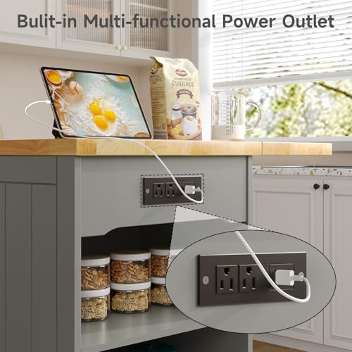 47" Kitchen Island with Seating, Stationary Island Table with Storage Include 2 Chairs, Kitchen Islands with Drop Leaf, Dining Table with Trash Cabinet & Power Outlet & Spice Rack, Grey - color: Grey