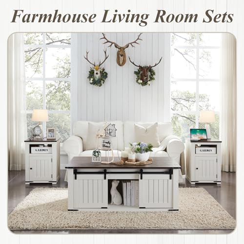 IFGET 48" Lift Top Coffee Table, Farmhouse Cocktai with Sliding Groove Barn Door, Rustic Wood Center Table w/Double Storage Spaces for Living Room, White - color: White