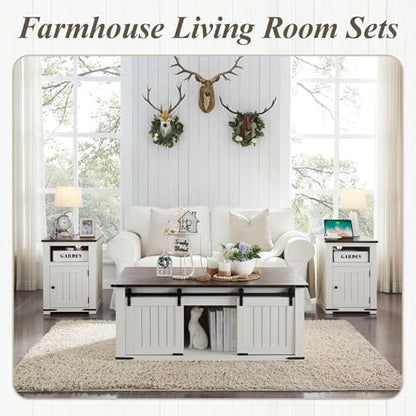 IFGET 48" Lift Top Coffee Table, Farmhouse Cocktai with Sliding Groove Barn Door, Rustic Wood Center Table w/Double Storage Spaces for Living Room, White - color: White