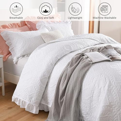 DJY Queen Size Quilt Sets, White Bedspreads, Ruffled Bedding Set | Lightweight Modern Pattern Coverlets, Bed Cover for All Seasons, 96''x90''- 3 Piece (1 Quilt, 2 Pillow Shams) - color: White, size: Queen