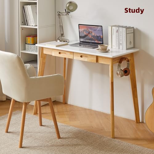 Aibiju Computer Desk with 2 Drawers, 47" Solid Wood Home Office Writing Desk, Compact Simple Tables with Hook for PC, Laptop, Students, Study, Makeup, Bedroom White + Natural Wood Legs YD-WD03WN - color: Table White + Natural Wood Legs, size: Length 47 in
