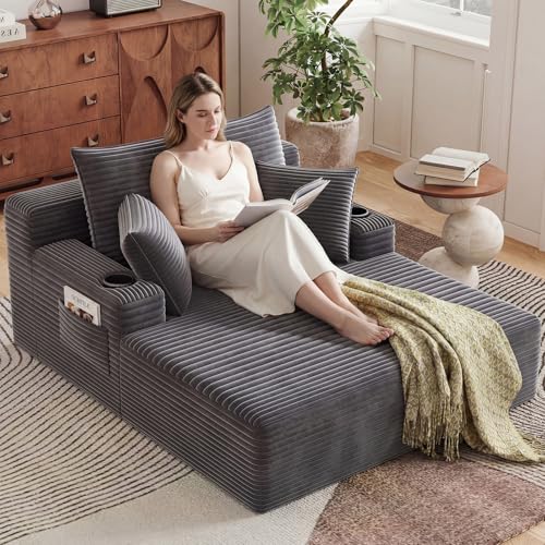 47.24" Oversized Chaise Lounge Chair, Deep Seat Upholstered Cozy Cloud Couch, Modern Corduroy Floor Sleeper Sofa Bed, Reading Chair for Living Room, Bedroom, Apartment, Office, Dark Gray - color: Dark Gray, size: 47.24"