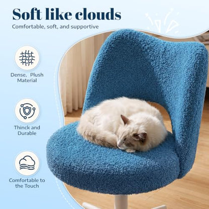 DurayLoly Vanity Chair with Wheels,Soft Teddy Fabric 6" Thick Cushion, Height Adjustable 17.5"–21.5", Open Back, 360° Swivel for Vanity Table, Home Office Dark Blue - color: Dark Blue