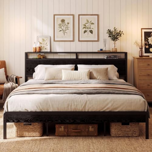 LIKIMIO California King Bed Frames with 2-Tier Storage Shelf Headboard | Dark Wood Platform Bed, Camas California King with Strong Metal Supports, Sturdy, Noise-Free, No Box Spring Needed, Black - color: Black, size: California King