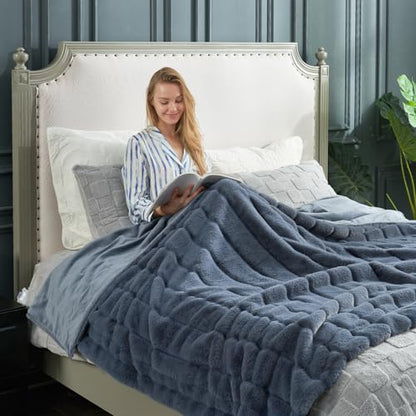 Cozy Bliss Deluxe Sheared Rabbit Faux Fur Throw Blanket, Soft Fuzzy High-Low Sculpted Plush Blanket for Couch, Cozy Home Accent, All Season Use, Blue 60"x80" - color: Stripe - Blue, size: Twin(60" x 80")