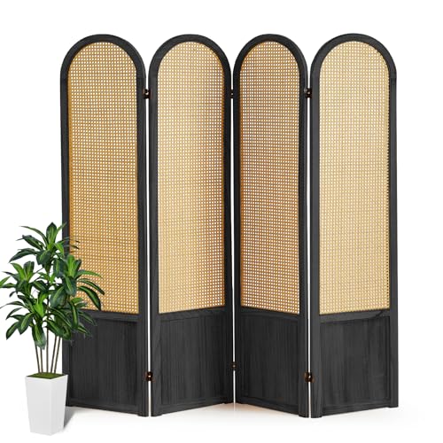 Rattan Room Divider, 4 Panel Folding Room Screen Divider, Black | Woven Privacy Screen, Foldable Room Partition, Freestanding Room Screen Divider for Bedroom, Apartment, Office, No Assembly - color: 4 Panel Black, size: 4 Panel