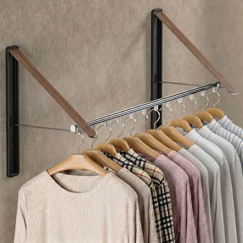 Dr.DJ Clothes Drying Rack with Rod, Wall-Mounted Retractable & Foldable Clothes Hanger for Laundry Room Organization and Storage, Metal Clothes Hanger Rack for Dorm, Closet, Balcony 2Rack, 1Rod Wood - color: 1rod Wd