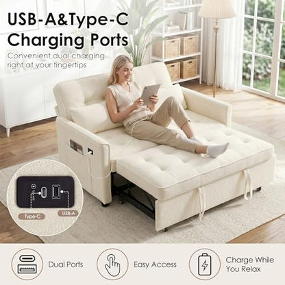 Dreamzie 55'' 3 in 1 Convertible Sofa Bed with USB Charging Ports, Pull Out Couch with Adjustable Backrest and Side Pockets, Sleeper Sofa for Living Room, Apartment, RV, Easy Assembly - Beige - color: Beige