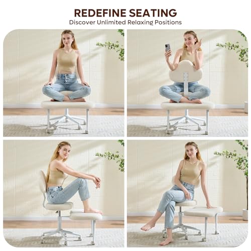 Cross Legged Office Chair with Wheels, Meditation Chair, ADHD Chair for Adults, Wider Height Adjustable Backrest and Seat, Yoga Office Chair, Teddy Fabric, Off White - color: Teddy Fabric Beige, size: Cloud Lounge