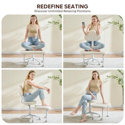 Cross Legged Office Chair with Wheels, Meditation Chair, ADHD Chair for Adults, Wider Height Adjustable Backrest and Seat, Yoga Office Chair, Teddy Fabric, Off White - color: Teddy Fabric Beige, size: Cloud Lounge
