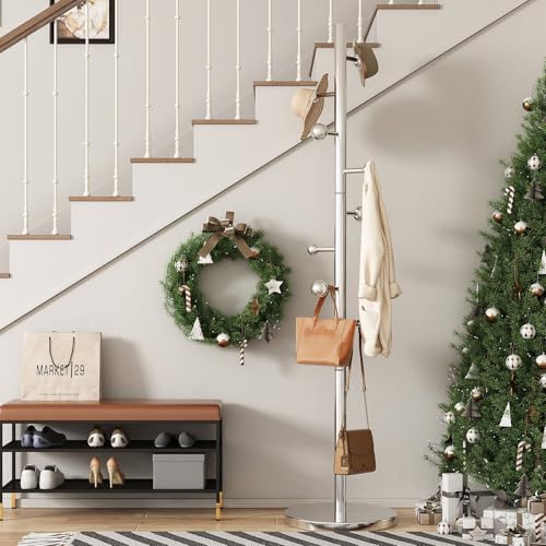 Coat Rack Freestanding Coat Tree with 8 Hooks Coat Rack Stand,Silver | Heavy Duty Metal Coat Hanger Stand for Jacket Hat Clothes Bag Stainless Steel Hall Tree Hat Rack for Entryway Bedroom Hallway - color: Silver with 8 Round Hooks