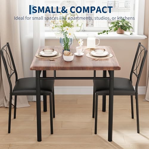 IDEALHOUSE Space-Saving Dining Table Set for 2, 3-Piece Farmhouse Wood | Table & Upholstered Chairs – Easy to Clean, Compact Apartment Furniture – Ideal for Small Spaces – Walnut Color - color: Walnut