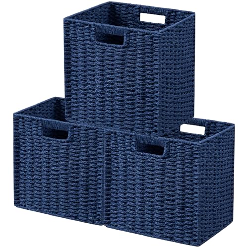 UBBCARE 3 Pack Wicker Basket, 11L×11H×10.5W inch Woven Paper Rope Storage Baskets for Shelves, Foldable Cube Storage bin with Handle, Storage Basket for Organizing & Decor, Navy Blue - color: Navy Blue, size: Cube-3pack 11"×11"×10.5"