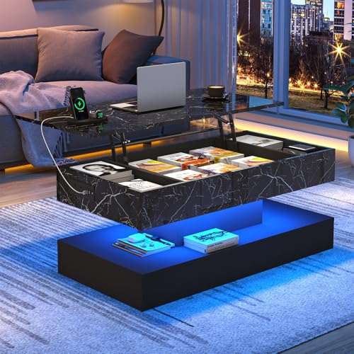 chartustriable 39.4" Large Lift Top Coffee Table, Modern LED High Glossy Coffee Table with Storage for Living Room, Lift Up Living Room Center Tables with Charging Station, LED Lights, Black - color: Black, size: 39.4"