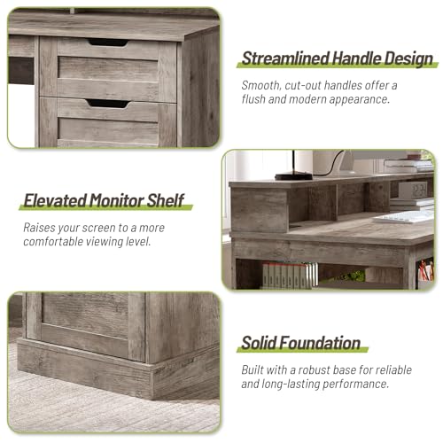 55-Inch Farmhouse Executive Desk with 2 Drawers and File Cabinet, Computer Desk with 3-Tier Storage Shelves, Home Office Desk with Charging Station, Pegboard and Monitor Shelf, Gray - color: Grey