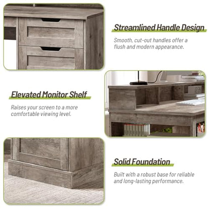 55-Inch Farmhouse Executive Desk with 2 Drawers and File Cabinet, Computer Desk with 3-Tier Storage Shelves, Home Office Desk with Charging Station, Pegboard and Monitor Shelf, Gray - color: Grey