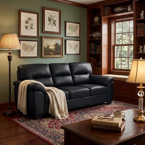 Eafurn Mid-Century Modern 3-Seater Loveseat Sofa Couch with Sturdy Wood Frame & Cushioned Armrests, 81" Compact Faux Leather Settee Furniture for Living Room, Apartment, Office - color: Black 81"