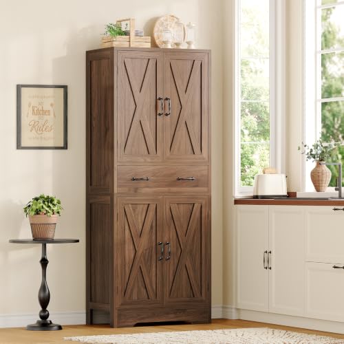 Tall Storage Cabinet with 2 Adjustable Shelves & 1 Large Drawer, Kitchen Pantry Cabinet with 4 Doors, Bathroom Storage Cabinets, for Living Room, Kitchen, Bathroom, Walnut - color: Walnut,1 Drawer