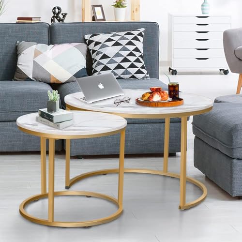 aboxoo Coffee Table Nesting White Set of 2 Side Set Golden Frame Circular Round and Marble Pattern Wooden Tables, Living Room Bedroom Apartment Modern Industrial Simple Nightstand - color: Gold White