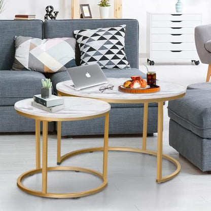 aboxoo Coffee Table Nesting White Set of 2 Side Set Golden Frame Circular Round and Marble Pattern Wooden Tables, Living Room Bedroom Apartment Modern Industrial Simple Nightstand - color: Gold White