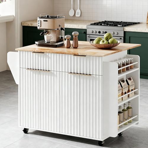 VINGLI Fluted Large Kitchen Island Cart with 2 Draws & 4 Doors, White | Drop-leaf Toptable, Adjuestable Shelves, Towel Bar, 3-tier Side Storage Rack, 360° Rolling Design - size: 32.7"