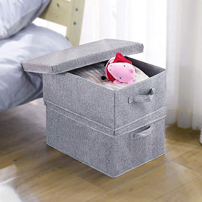 HOONEX Linen Foldable Storage Bins with Lids, 2 Pack, Storage Boxes with Carrying Handles and Sturdy Heavy Cardboard, 16.5" L x 11.8" W x 7.5" H for Shoes, Books, Clothes, Light Grey - color: Light Grey