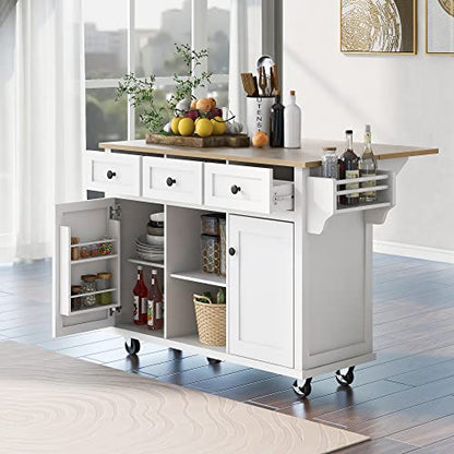 53'' Rolling Kitchen Island with Storage, Large Kitchen Cart On Wheels with Drop Leaf & Power Outlet & Drawers, Mobile Kitchen Table with 3 Drawers, for Dining Room (White) - color: White