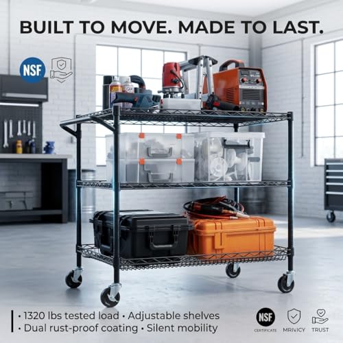 Finnhomy 3 Tier Heavy Duty Commercial Grade Utility Cart, Wire Rolling Cart with Handle Bar, Steel Service Cart with Wheels, Kitchen Carts on Wheels, Metal Cart Shelf Size 24" D x 36" W, NSF, Black - size: 36"L x 24"W x 35.4"H-3 Tier, style: Black Cart