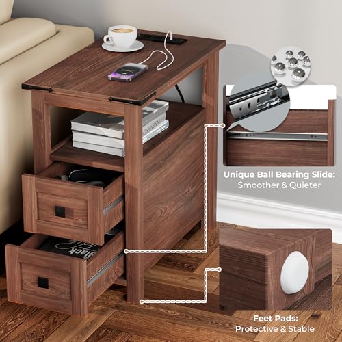 VVFLU Farmhouse End Table with Charging Station and 2 Storage Drawers, Cherry Wood Nightstand Narrow, Skinny Side Table Rustic, Slim Bedside Table, Open Shelf, Small for Bedroom, Living Room, Sofa - color: Cherry/Wood