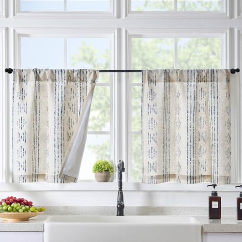 jinchan Boho Linen Kitchen Curtains 36 Inch Bohemian Geometric Striped Small Window Curtains Light Filtering Farmhouse Country Rustic for Bathroom Living Room RV 2 Panels Blue - color: Privacy | Blue on Beige, size: 25"W x 36"L (Pack of 2)