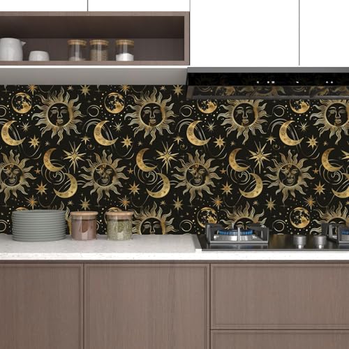 Celestial Sun Moon Wallpaper Peel and Stick 17.5"x 118",Black/Golden | Self Adhesive/Removable/Waterproof/Thick Vinyl Contact Paper for Bathroom Bedroom Shelf Cabinet Drawer,Prepasted,Easy Peel - color: Gold moon, size: 17.5" x 118"