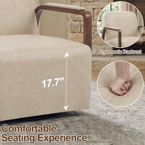 Faux Leather 360° Swivel Barrel Accent Chairs Set of 2, Upholstered Mid Century Modern Reading Lounge Chair with Wooden Armrests & Solid Rotating Metal Base for Living Room Bedroom, Cream Beige - color: Cream Beige, size: 2 Pack