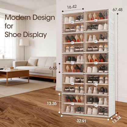 White Foldable Shoe Rack Organizer for 40 Pairs | Tool-free Assembly, Magnetic Clear Door, Anti-Tiping, Sneaker Storage, adjustable shelf, Folding Design, Garage, Entryway - size: 10Tier