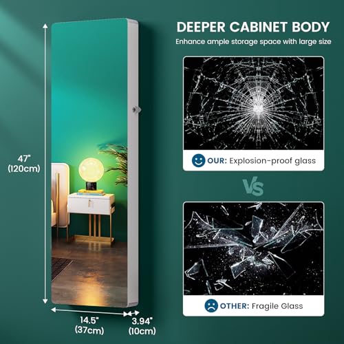 HNEBC Full Length Mirror with Storage, Wall Mounted Jewelry Cabinet with Lights, Lockable Over Door Jewelry Organizer with Drawer, Foldout Makeup Tray 47.2" Hx14.5 Wx3.9 D, White - color: 93A-white