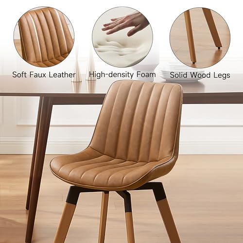 Mid Century Upholstered Swivel PU Dining Chairs Set of 2 Red Brown | 360° swivel curved foam-padded seat armless design dining room chairs accent chairs solid wood legs floor protection pads - color: Red Brown, size: Set of 2-PU