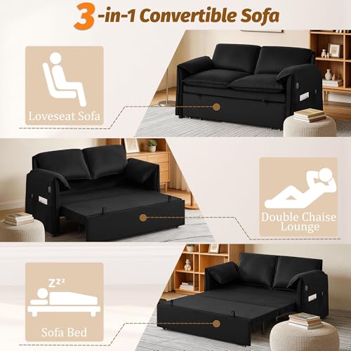 63" 3-in-1 Velvet Convertible Sleeper Sofa Bed, Modern Adjustable Backrest Loveseat Pull Out Couch with USB & Side Pocket, Small Space Love Seat Sofa Bed for Living Room, Bedroom, Black Velvet - color: Black