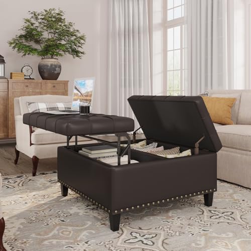 FiveWillowise 31.5 Inch Large Square Ottoman with Storage,Faux Leather | Coffee Table Storage Ottoman Bench with Lift Top Upholstered Footrest Stool Toy Box for Bedroom Living Room,Chocolate - color: Chocolate