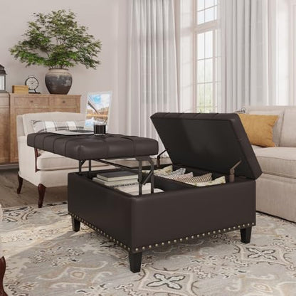 FiveWillowise 31.5 Inch Large Square Ottoman with Storage,Faux Leather | Coffee Table Storage Ottoman Bench with Lift Top Upholstered Footrest Stool Toy Box for Bedroom Living Room,Chocolate - color: Chocolate