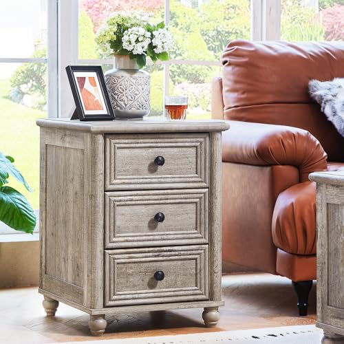 RWYHG 18" Night Stand with 3 Drawers, Farmhouse Modern Nightstand | Grey Bedside Table, Open Storage Shelf, Solid Wood Legs, Bed Side End Tables for Bedroom Living Room - color: Gray Oak, style: 3 Drawers