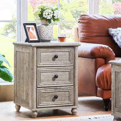 RWYHG 18" Night Stand with 3 Drawers, Farmhouse Modern Nightstand | Grey Bedside Table, Open Storage Shelf, Solid Wood Legs, Bed Side End Tables for Bedroom Living Room - color: Gray Oak, style: 3 Drawers
