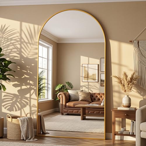 46"×86" Arched Full Length Floor Mirror, Standing Mirror with Aluminum Frame, Large Body Mirror of Free Standing/Wall Mount/Leaning for Bedroom, Living Room, Dressing Room, Gold - color: Gold, size: 86"L x 46"W