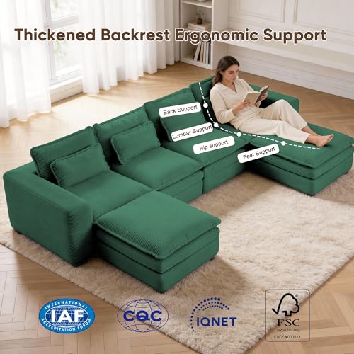 140" U Shape Modular Sectional Sofa with Ottoman, Boneless Couch Three-Layer Deep 4 Seat Convertible Pull Out Sleeper Sofa Bed for Living Room Apartment No Assembly 140" U-Green - size: 140"U