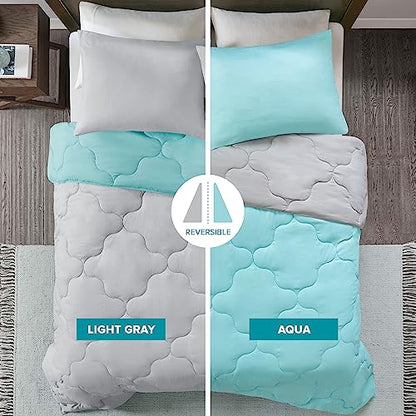 Comfort Spaces Vixie Reversible Comforter Set - Trendy Casual Geometric Quilted Cover, All Season Down Alternative Cozy Bedding, Matching Sham, Aqua/Gray, Twin/Twin XL 2 piece | Down Alternative, All Season, Bedding for Bedroom, Geometric Pattern, Reversi