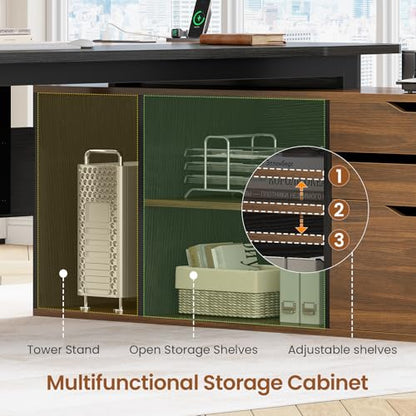 SEDETA 71" L Shaped Executive Desk with File Cabinet & Power Outlet | Computer Desk with 3 Storage Drawers, Adjustable Shelves, CPU Stand, Privacy Baffle, Modern Desk for Home Office, Walnut - color: Walnut